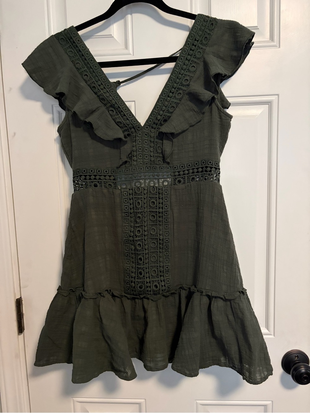 Mi Ami (Francesca’s) Olive Green Lace-Trim Ruffle Mini Dress